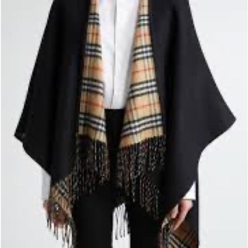 Burberry Black Cape with Plaid Lining and Fringe - Picture 2 of 7